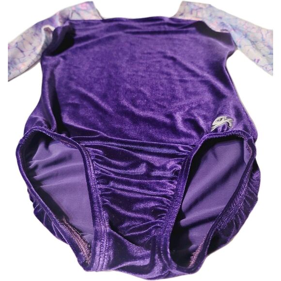 GK Elite AXS Purple Velvet Holographic Floral Flat Neck Leotard VTG LS Adult XS - Picture 1 of 9